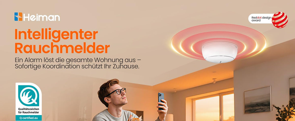 Heiman HM2SA-1W-T Intelligenter Rauchmelder, ein Alarm löst die gesamte Wohnung aus, mit Red Dot Design Award und Q-Zertifizierung für geprüfte Qualität.