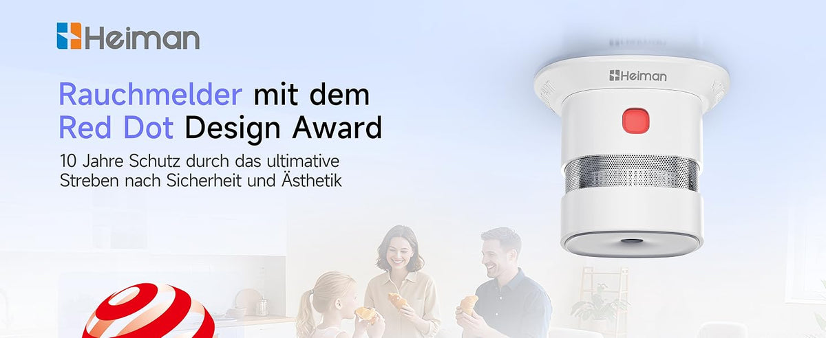 Heiman HS1SA Rauchmelder mit dem Red Dot Design Award, 10 Jahre Schutz durch das ultimative Streben nach Sicherheit und Ästhetik, gezeigt mit einer glücklichen Familie.