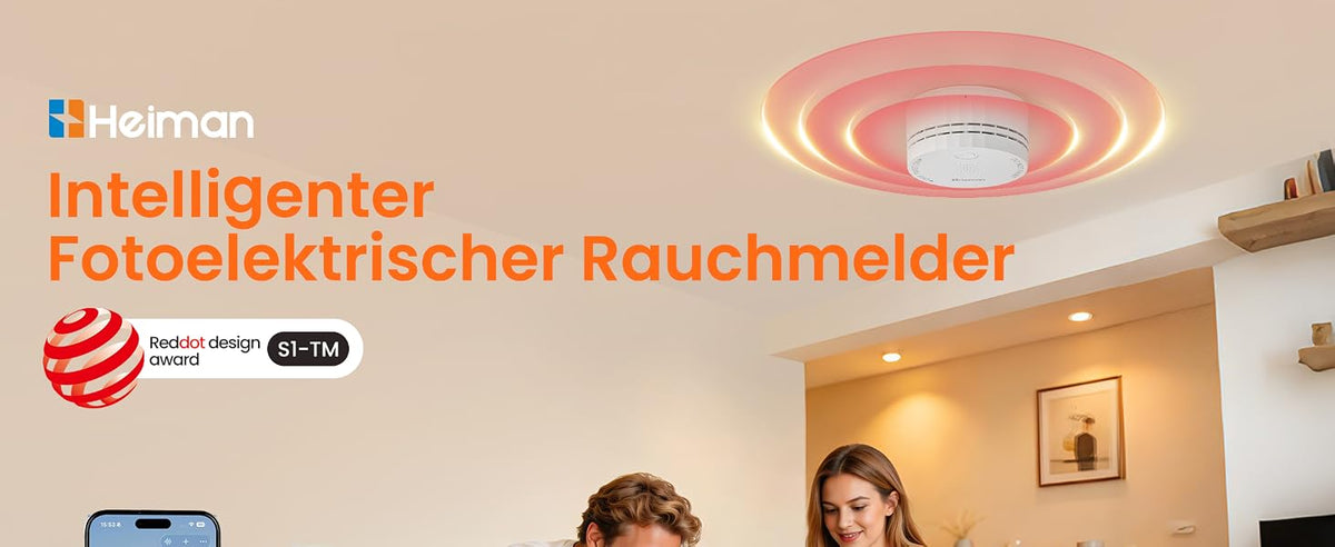 Heiman S1-TM Intelligenter Fotoelektrischer Rauchmelder, ausgezeichnet mit dem Red Dot Design Award, smarter Schutz für Ihr Zuhause.
