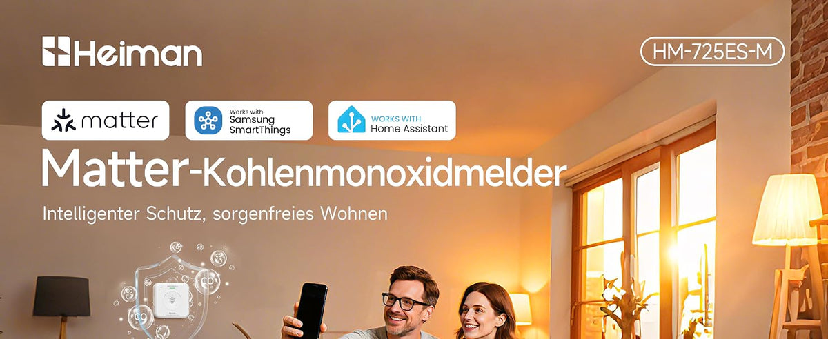 Heiman HM-725ES-M Matter-Kohlenmonoxidmelder, intelligenter Schutz und sorgenfreies Wohnen, kompatibel mit Matter, Samsung SmartThings und Home Assistant.