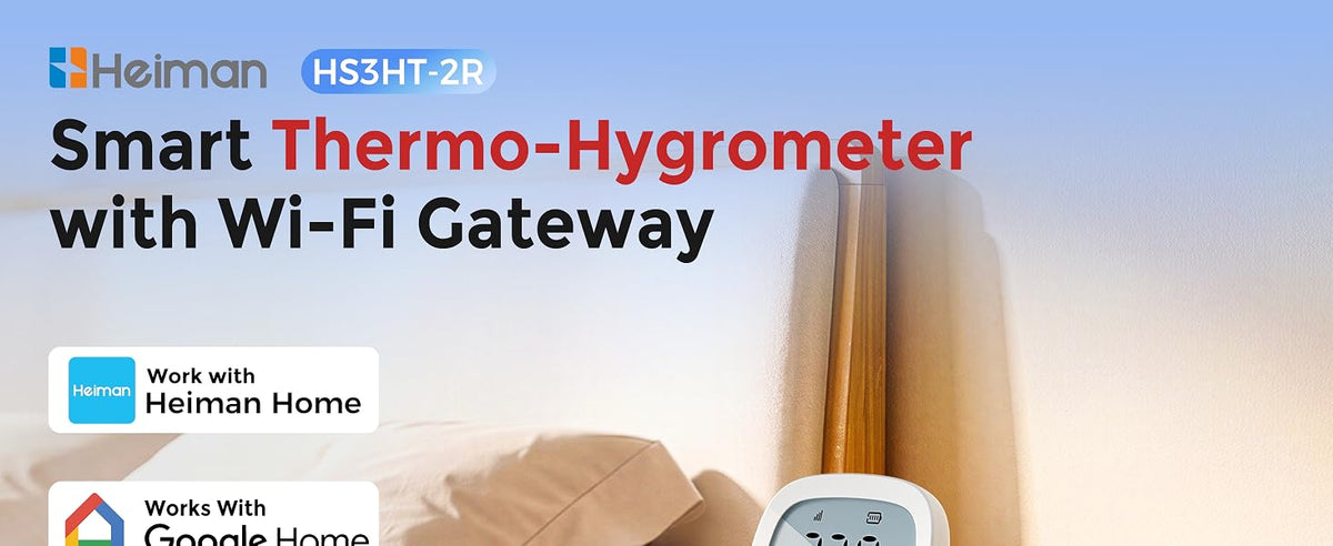 Heiman HS3HT-2R Smart Thermo-Hygrometer with Wi-Fi Gateway, compatible with Heiman Home and Google Home for smart temperature and humidity monitoring.