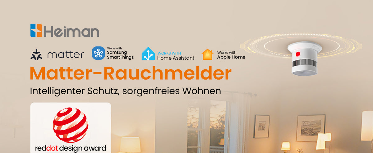 Heiman HS1SA-M Matter-Rauchmelder, intelligenter Schutz und sorgenfreies Wohnen, kompatibel mit Matter, Samsung SmartThings, Home Assistant und Apple Home, ausgezeichnet mit dem Red Dot Design Award.