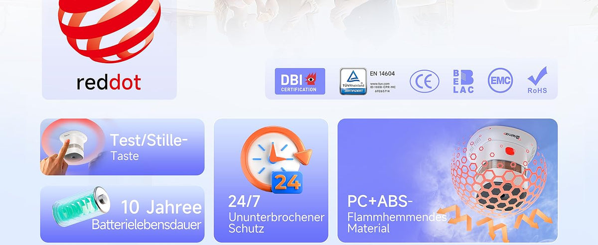 Heiman HS1SA Rauchmelder mit DBI, EN 14604, CE, VdS, EMC und RoHS Zertifizierungen, sowie Test/Stille-Taste, 10 Jahre Batterielebensdauer, 24/7 ununterbrochener Schutz und PC+ABS flammhemmendem Material.