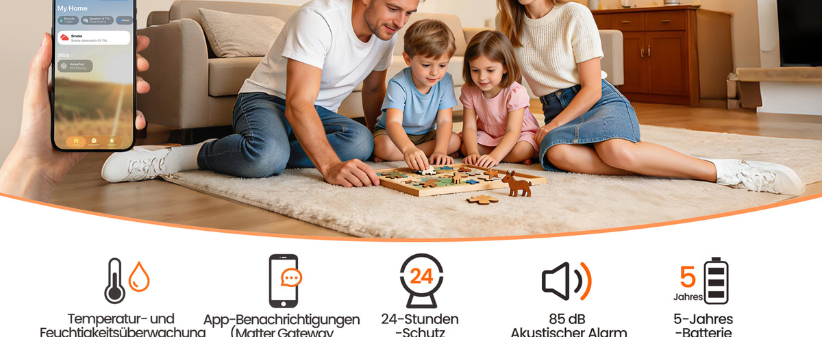 Heiman S1-TM Rauchmelder mit App-Benachrichtigungen über Matter Gateway, Temperatur- und Feuchtigkeitsüberwachung, 24-Stunden-Schutz, 85 dB akustischem Alarm und 5-Jahres-Batterie.
