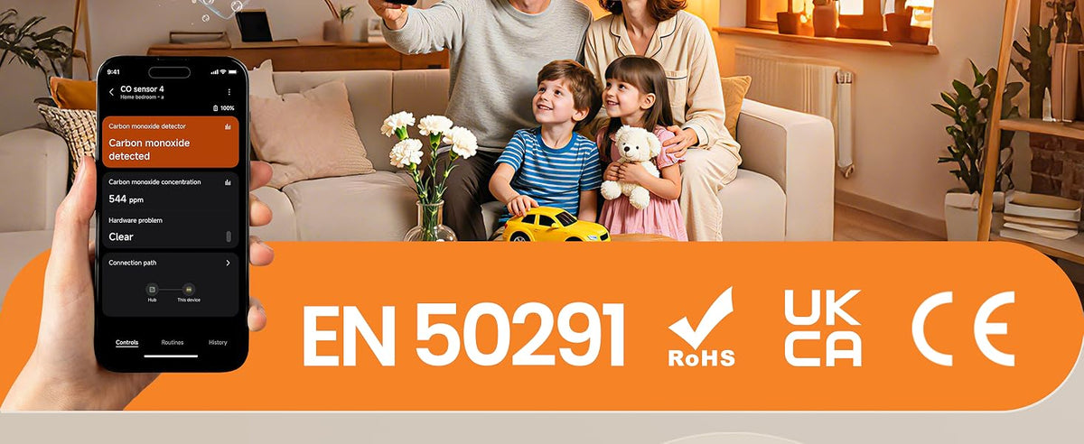Heiman HM-725ES-M Kohlenmonoxidmelder mit Echtzeit-App-Benachrichtigung bei CO-Gefahr, zertifiziert nach EN 50291, RoHS, UKCA und CE.