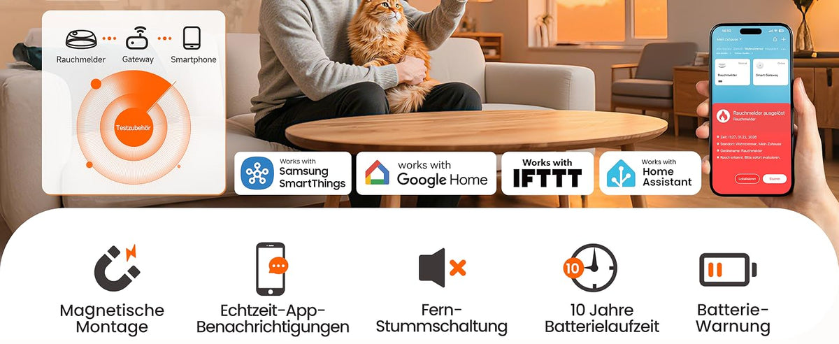 Heiman HM2SA-1W-T Rauchmelder mit Gateway, Echtzeit-App-Benachrichtigungen und Fern-Stummschaltung, kompatibel mit Samsung SmartThings, Google Home, IFTTT und Home Assistant.