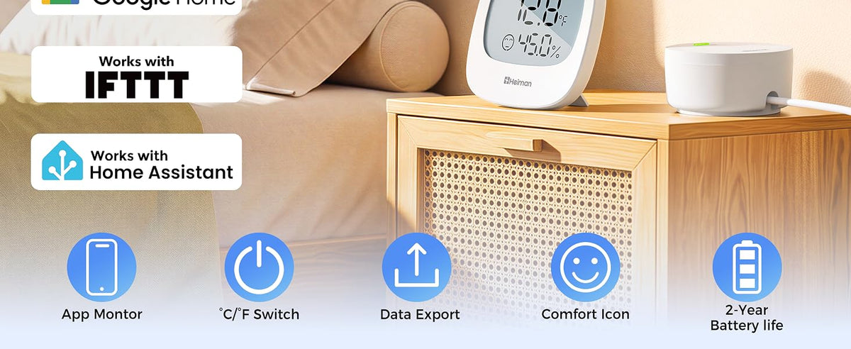 Heiman HS3HT-2R Smart Thermo-Hygrometer works with IFTTT and Home Assistant, featuring app monitor, °C/°F switch, data export, comfort icon, and 2-year battery life.