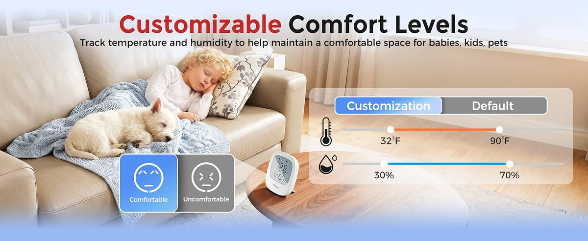 Heiman HS3HT-2R Smart Thermo-Hygrometer with customizable comfort levels, tracking temperature and humidity to help maintain a comfortable space for babies, kids, and pets.