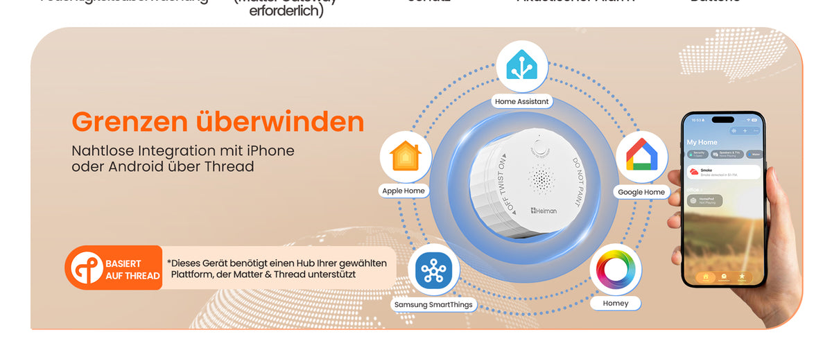 Heiman S1-TM Rauchmelder, Grenzen überwinden, nahtlose Integration mit iPhone oder Android über Thread, kompatibel mit Home Assistant, Apple Home, Google Home, Samsung SmartThings und Homey, basiert auf Thread.