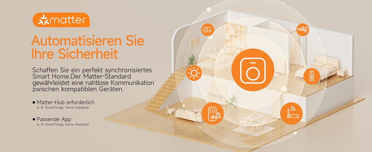 Heiman HM-725ES-M Kohlenmonoxidmelder für Matter Hausautomation, automatisieren Sie Ihre Sicherheit, nahtlose Kommunikation zwischen kompatiblen Geräten über Matter-Hub und passende App.