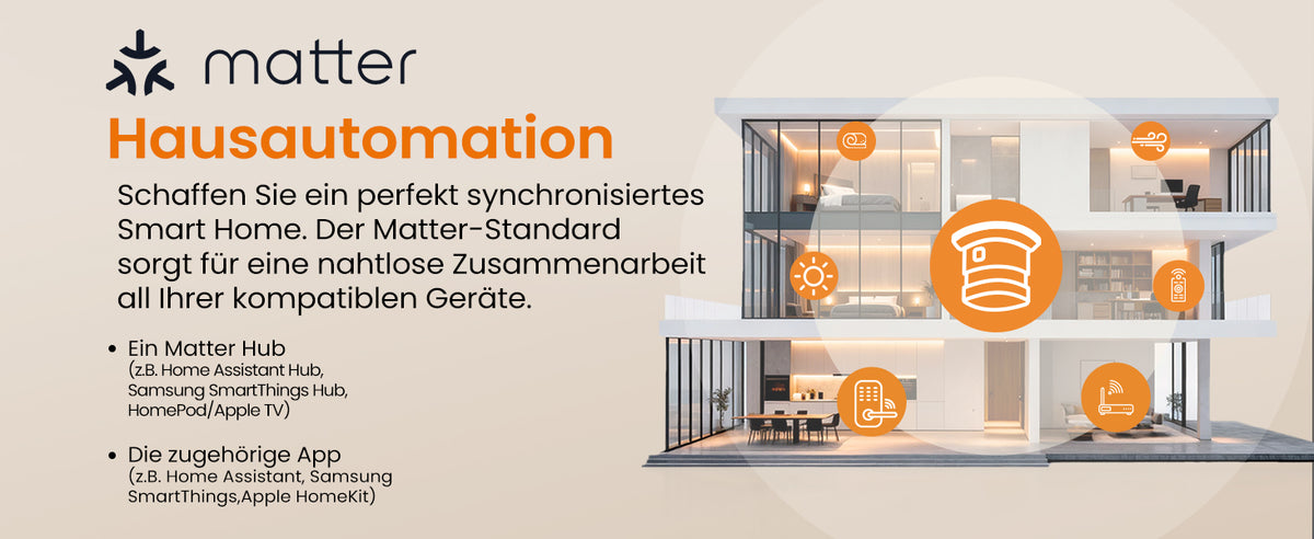 Heiman HS1SA-M Rauchmelder für Matter Hausautomation, schafft ein perfekt synchronisiertes Smart Home mit nahtloser Zusammenarbeit aller kompatiblen Geräte über Matter Hub und App.