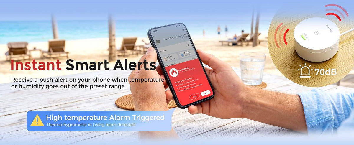 Heiman HS3HT-2R Smart Thermo-Hygrometer with instant smart alerts, receiving a push alert on your phone when temperature or humidity goes out of the preset range, featuring a 70dB alarm.