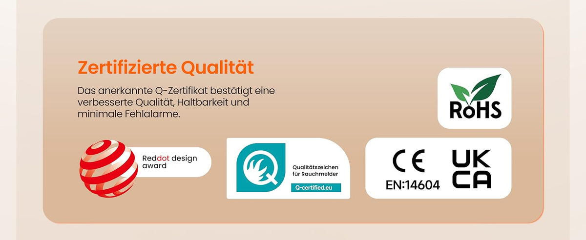 Heiman HM2SA-1W-T Rauchmelder mit zertifizierter Qualität, inklusive Red Dot Design Award, Q-Zertifikat, CE, UKCA, EN 14604 und RoHS.