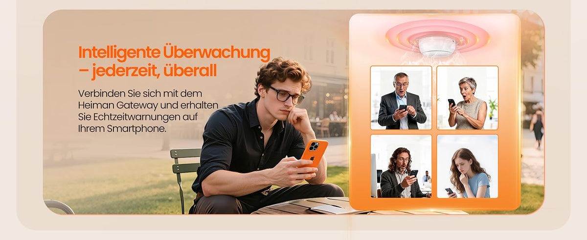 Heiman HM2SA-1W-T Rauchmelder mit intelligenter Überwachung – jederzeit, überall, verbinden Sie sich mit dem Heiman Gateway und erhalten Sie Echtzeitwarnungen auf Ihrem Smartphone.