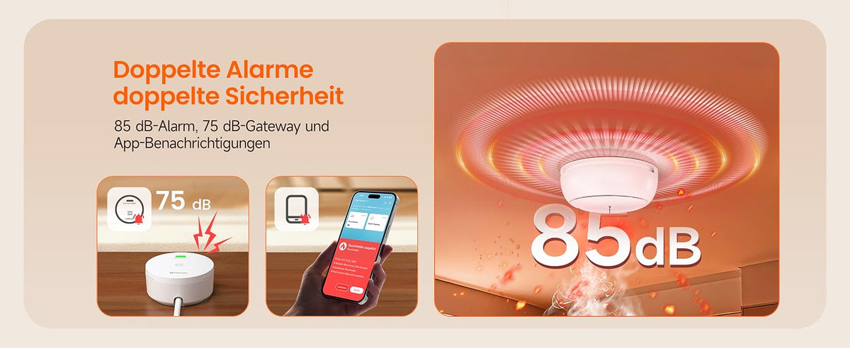Heiman HM2SA-1W-T Rauchmelder mit doppelten Alarmen und doppelter Sicherheit, 85 dB-Alarm, 75 dB-Gateway und App-Benachrichtigungen.
