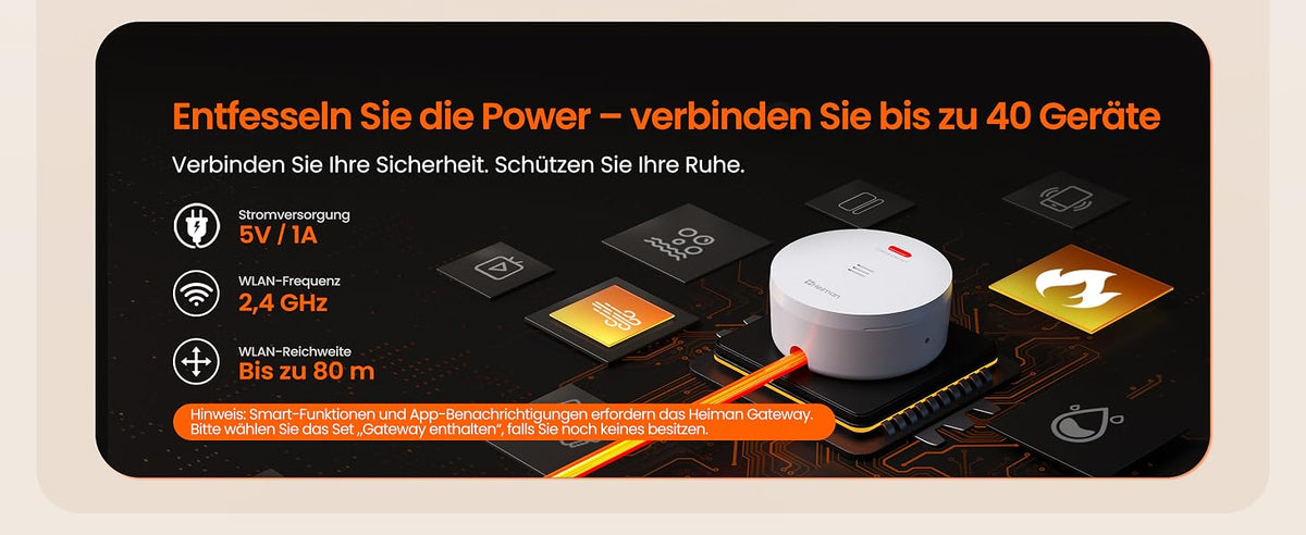 Heiman HM2SA-1W-T Rauchmelder Gateway, entfesseln Sie die Power – verbinden Sie bis zu 40 Geräte, mit 5V/1A Stromversorgung, 2,4 GHz WLAN-Frequenz und bis zu 80 m WLAN-Reichweite.