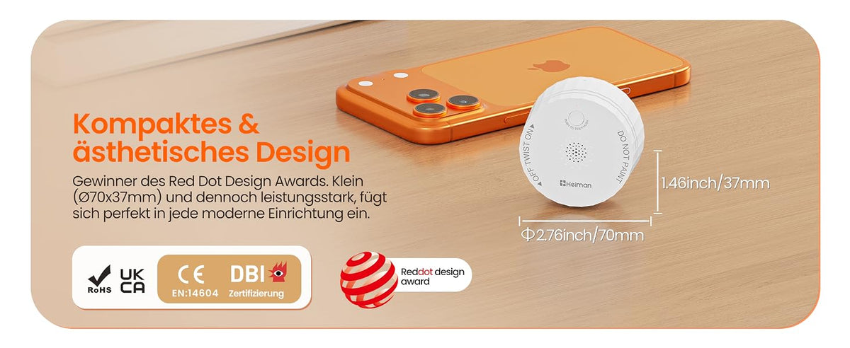 Heiman S1-TM Rauchmelder mit kompaktem und ästhetischem Design, Gewinner des Red Dot Design Awards, klein (70x37mm) und dennoch leistungsstark, zertifiziert nach EN 14604, CE, UKCA und RoHS.