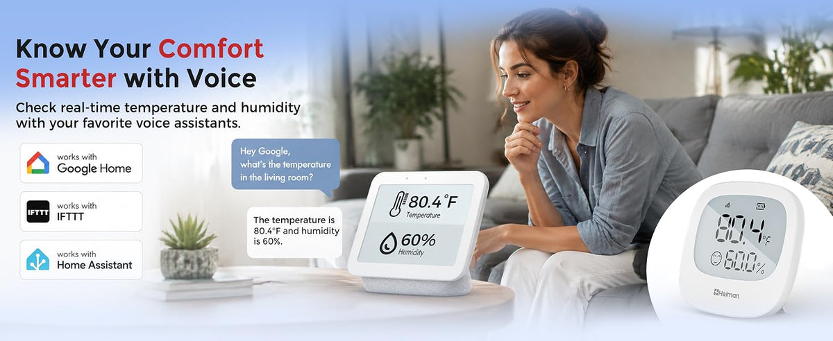 Heiman HS3HT-2R Smart Thermo-Hygrometer with voice assistant support, checking real-time temperature and humidity via Google Home, IFTTT, and Home Assistant.