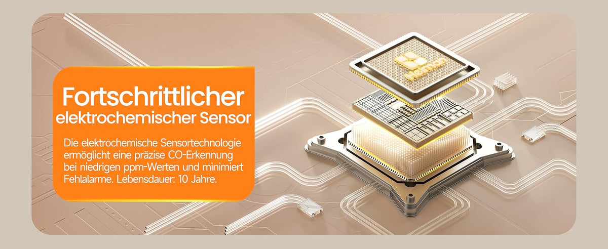 Heiman HM-725ES-M Kohlenmonoxidmelder mit fortschrittlichem elektrochemischem Sensor, ermöglicht präzise CO-Erkennung bei niedrigen ppm-Werten, minimiert Fehlalarme und bietet eine Lebensdauer von 10 Jahren.