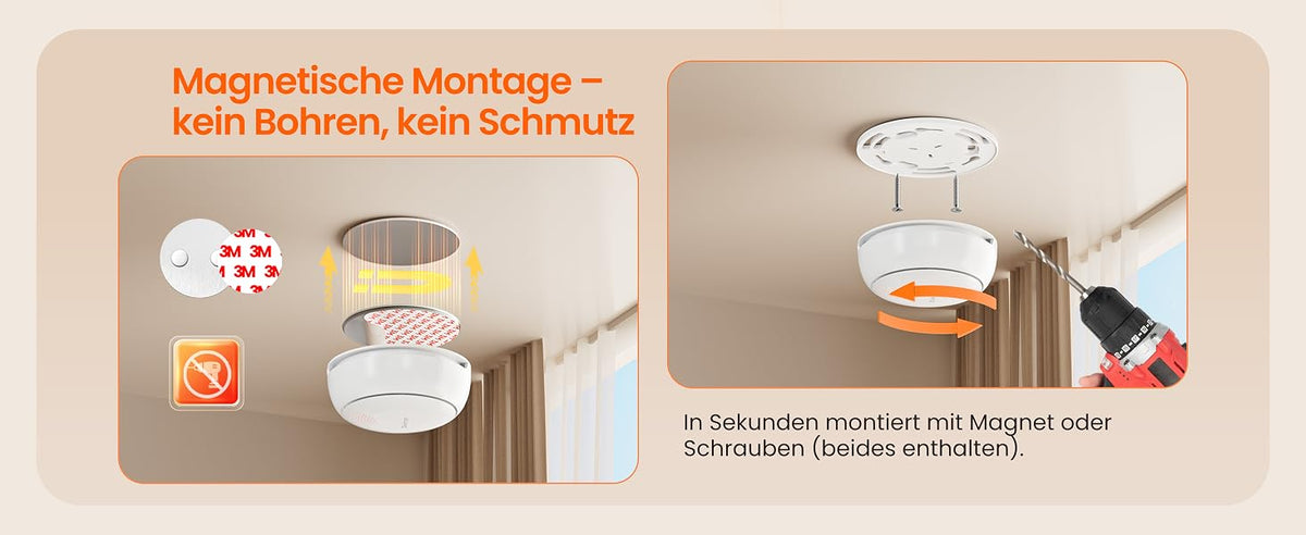 Heiman HM2SA-1W-T Rauchmelder mit magnetischer Montage – kein Bohren, kein Schmutz, in Sekunden montiert mit Magnet oder Schrauben (beides enthalten).
