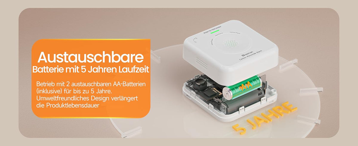 Heiman HM-725ES-M Kohlenmonoxidmelder mit austauschbarer Batterie und 5 Jahren Laufzeit, betrieben mit 2 AA-Batterien, umweltfreundliches Design für eine längere Produktlebensdauer.