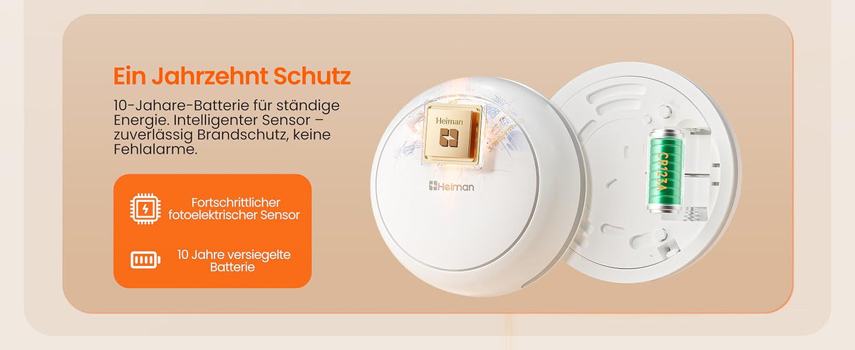 Heiman HM2SA-1W-T Rauchmelder, ein Jahrzehnt Schutz, 10-Jahre-Batterie für ständige Energie, fortschrittlicher fotoelektrischer Sensor, zuverlässig Brandschutz, keine Fehlalarme.