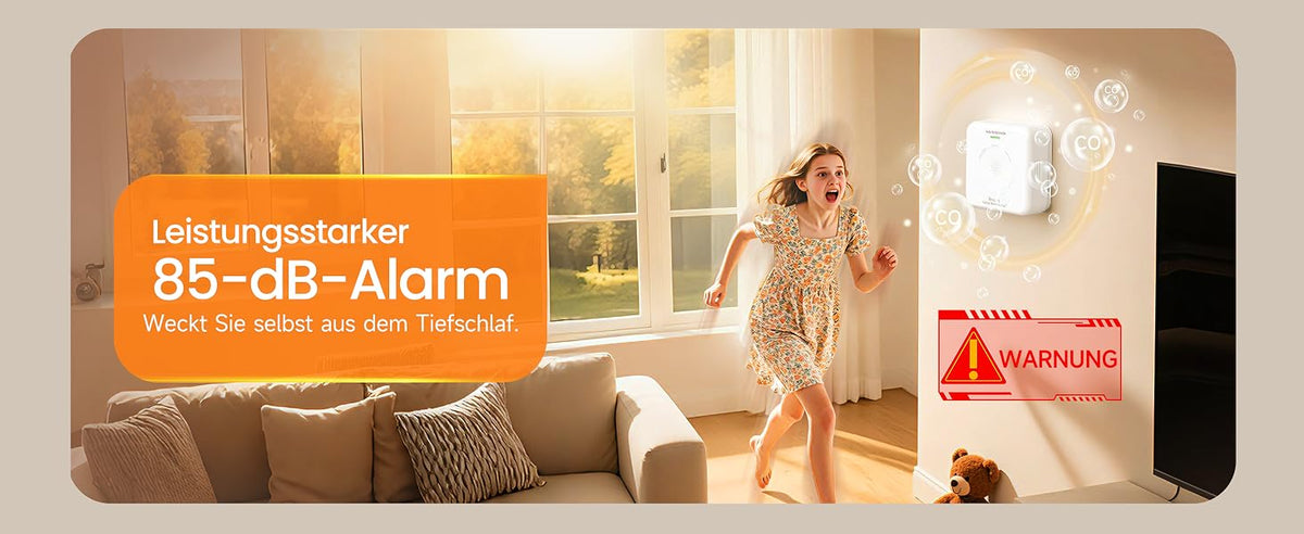 Heiman HM-725ES-M Kohlenmonoxidmelder mit leistungsstarkem 85-dB-Alarm, weckt Sie selbst aus dem Tiefschlaf und warnt zuverlässig vor gefährlichen CO-Werten.