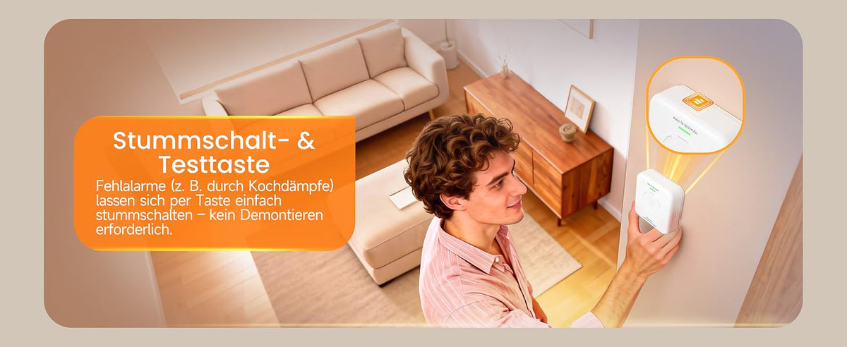 Heiman HM-725ES-M Kohlenmonoxidmelder mit Stummschalt- und Testtaste, Fehlalarme durch Kochdämpfe lassen sich per Taste einfach stummschalten, kein Demontieren erforderlich.
