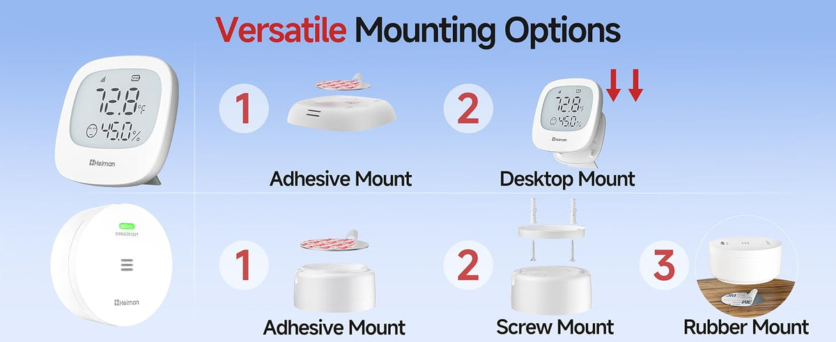 Heiman HS3HT-2R Smart Thermo-Hygrometer with versatile mounting options, including adhesive mount, desktop mount, screw mount, and rubber mount for the gateway.