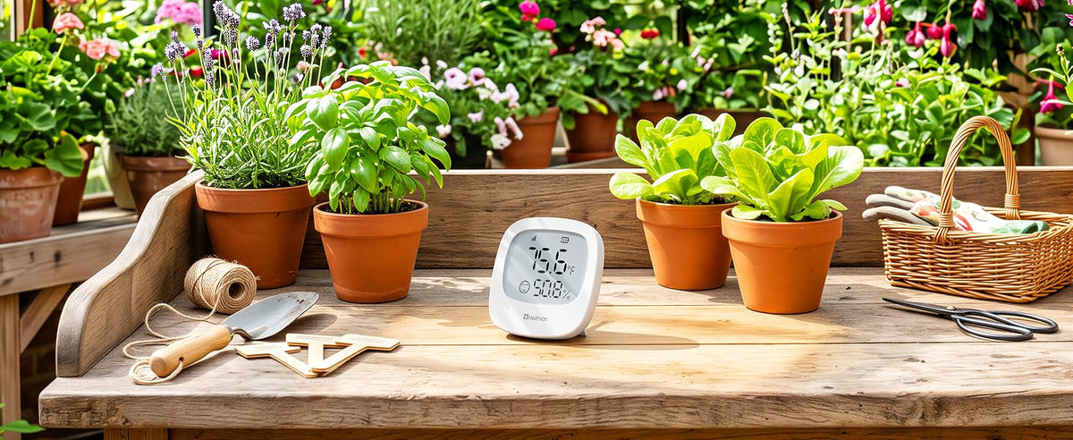 Heiman HS3HT-2R Smart Thermo-Hygrometer suitable for gardening and greenhouse environments, monitoring temperature and humidity for healthy plant growth.