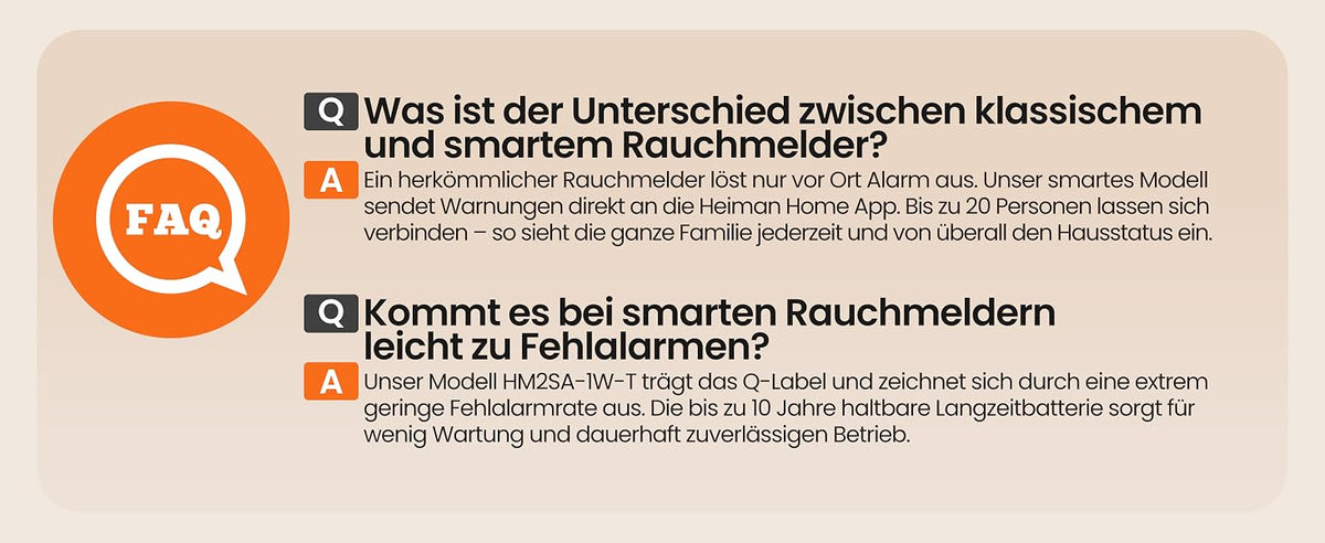 Heiman HM2SA-1W-T Rauchmelder FAQ, beantwortet Fragen zum Unterschied zwischen klassischem und smartem Rauchmelder sowie zu Fehlalarmen.