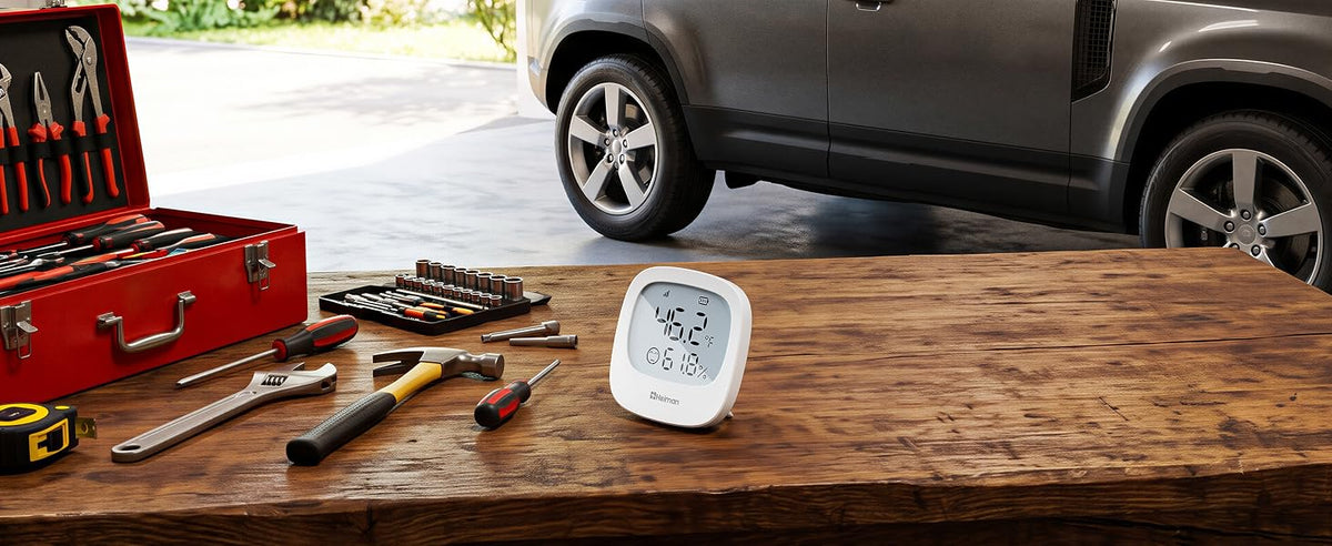 Heiman HS3HT-2R Smart Thermo-Hygrometer suitable for garage and workshop environments, monitoring temperature and humidity for tools and vehicles.