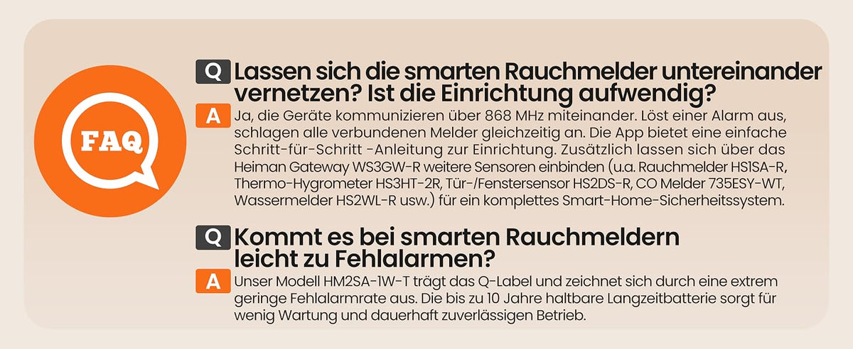 Heiman HM2SA-1W-T Rauchmelder FAQ, beantwortet Fragen zur Zielgruppe für smarte Rauchmelder und zur einfachen Installation für Anfänger.