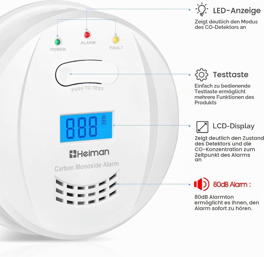 Heiman 723ESY CO Melder Alarm Kohlenmonoxidmelder mit digitaler LCD-Anzeige EN50291
