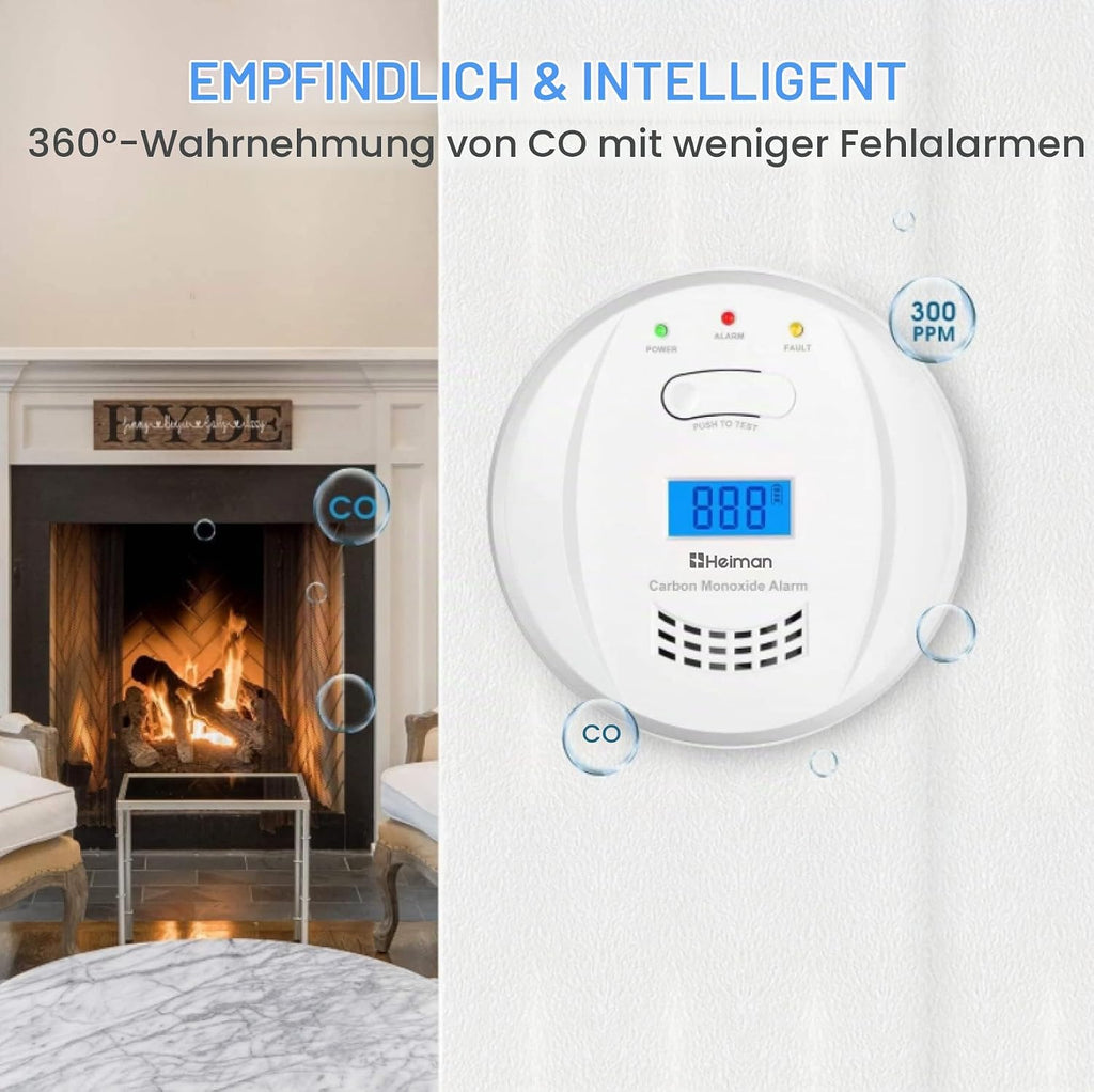 Heiman 723ESY CO Melder Alarm Kohlenmonoxidmelder mit digitaler LCD-Anzeige EN50291