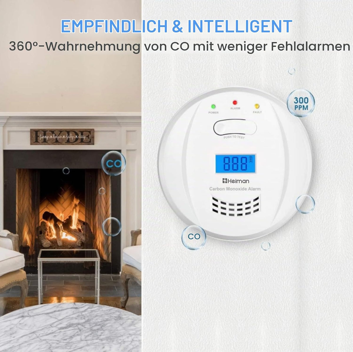 Heiman 723ESY CO Melder Alarm Kohlenmonoxidmelder mit digitaler LCD-Anzeige EN50291