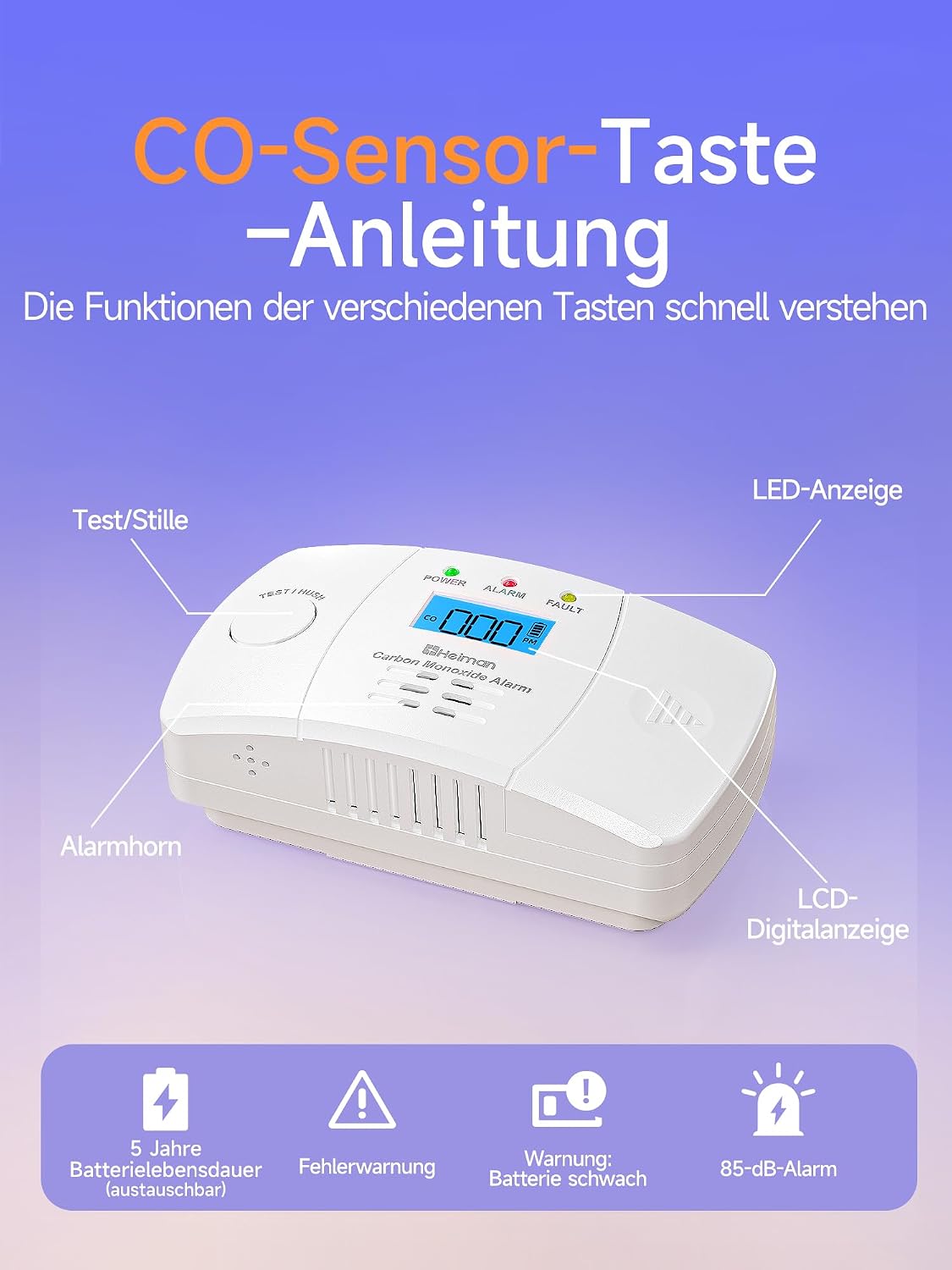 Heiman HM-722ESY-G Kohlenmonoxid Melder, einfache Test-Taste zur regelmäßigen Überprüfung der Gerätefunktion.

