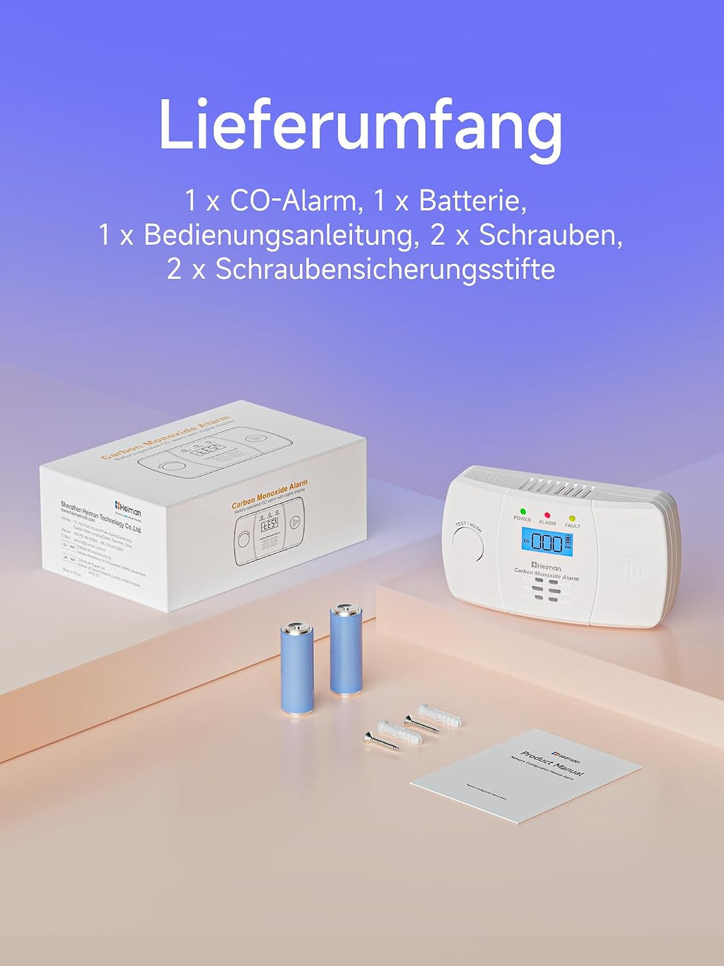 Heiman HM-722ESY-G Kohlenmonoxid Melder, Lieferumfang mit Melder, Batterien und Montagematerial für die einfache Installation.

