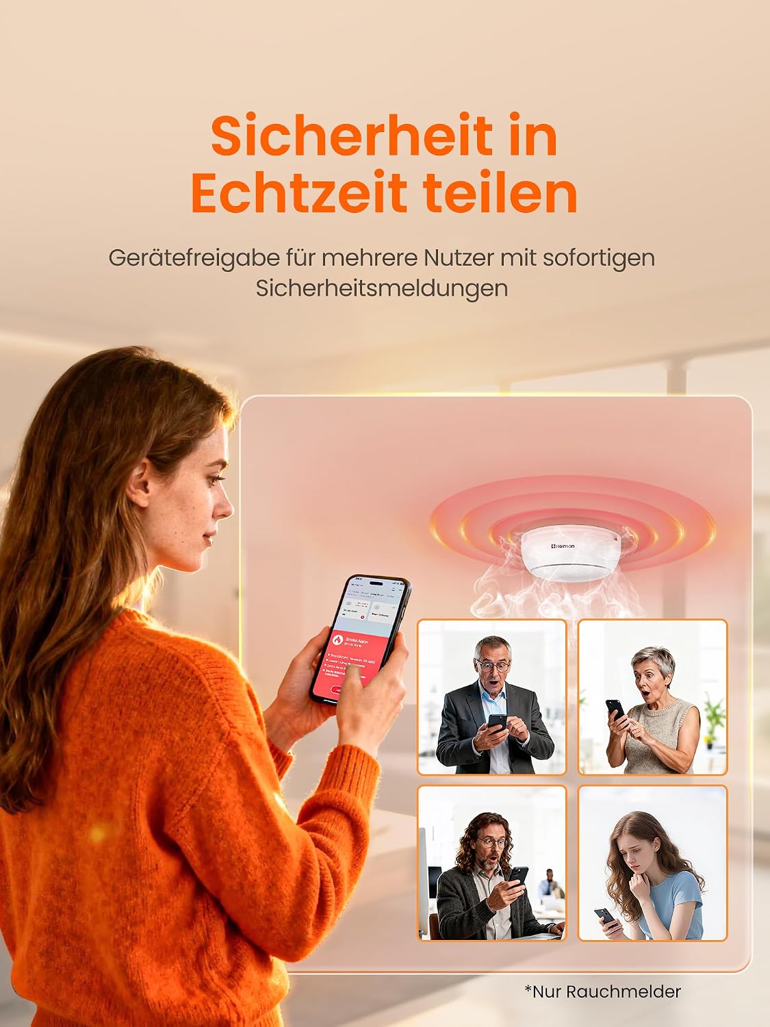 Heiman HM2SA-1W-T Rauchmelder mit Echtzeit-Benachrichtigung per WLAN-App, sofortige Push-Benachrichtigung auf das Smartphone bei Rauchentwicklung.

