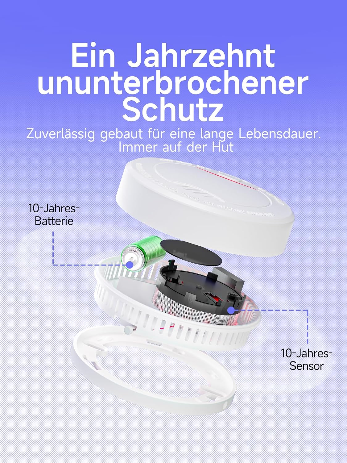 Heiman 626PHS Rauchmelder mit 10 Jahren Lithium-Batterie, fest verbaut und wartungsfrei, keine Folgekosten für den Batteriewechsel.

