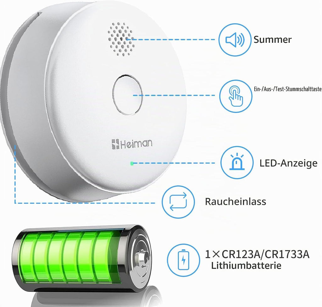 Heiman 2SA-633 Rauchmelder mit 10 Jahren Batterie, langlebige Energie für dauerhaften Schutz ohne häufigen Batteriewechsel.

