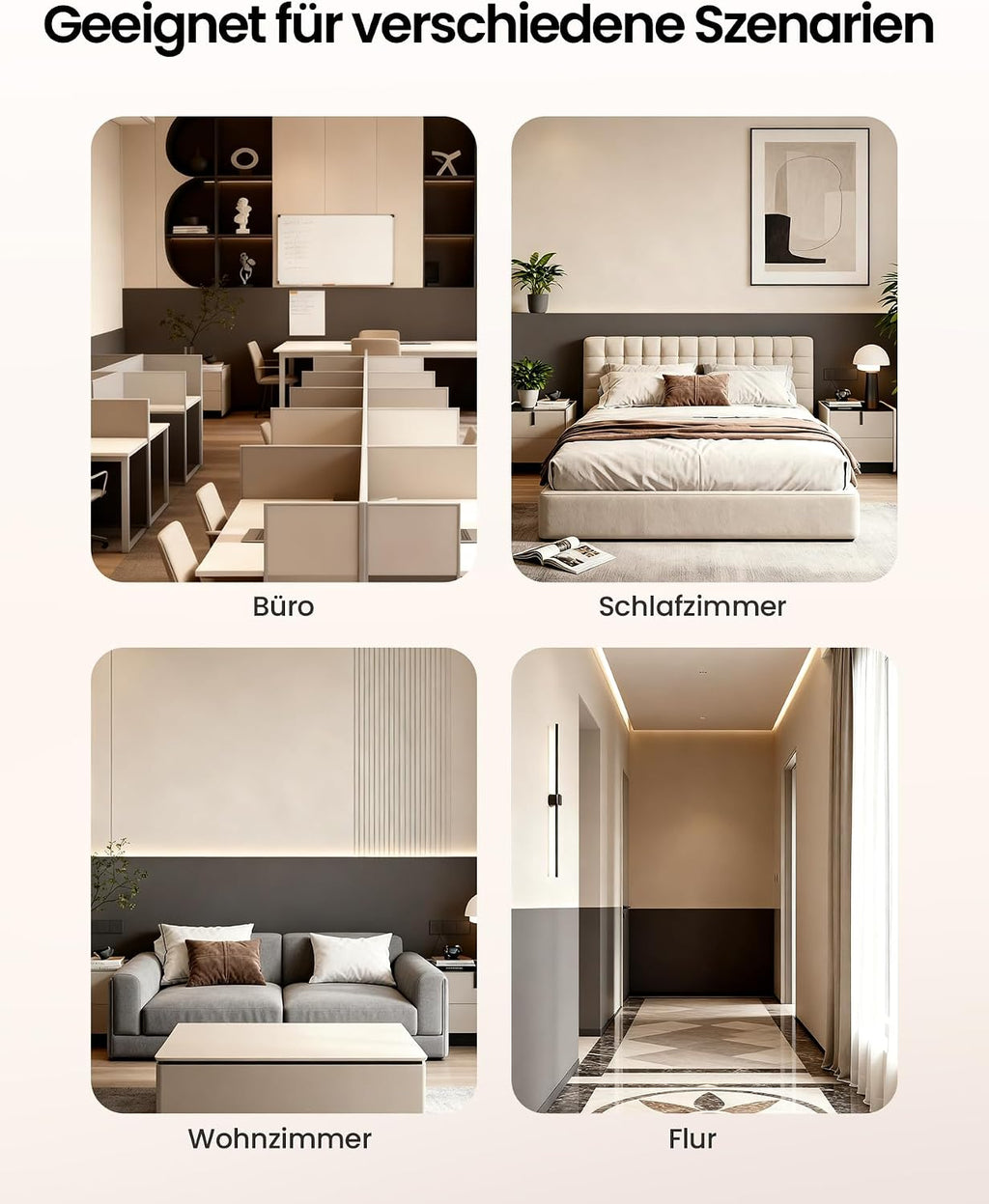 Heiman HS1SA-M Rauchmelder suitable for various scenes in your home, including kitchen, living room, bedroom, and hallway.


