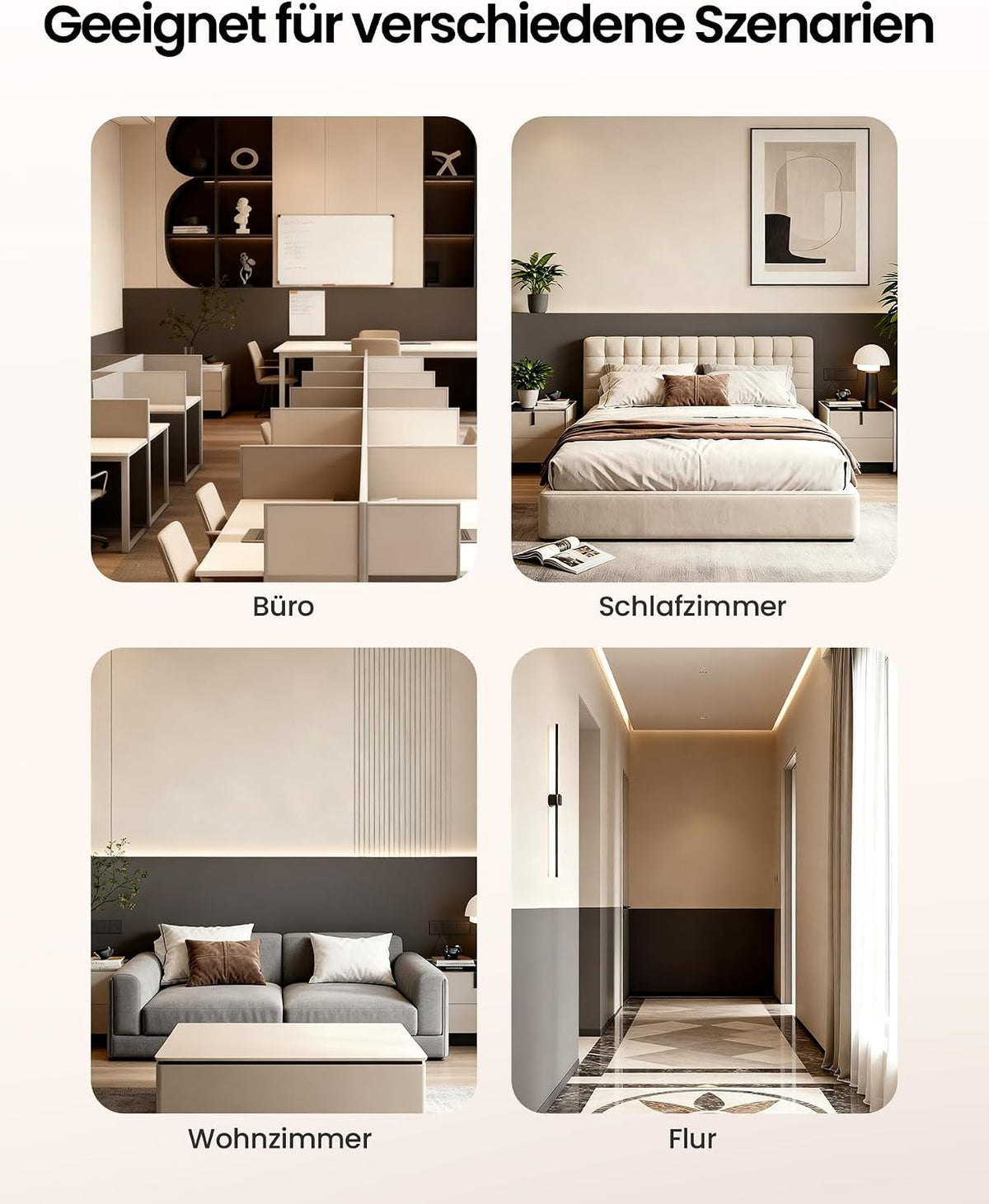 Heiman HS1SA-M Rauchmelder suitable for various scenes in your home, including kitchen, living room, bedroom, and hallway.


