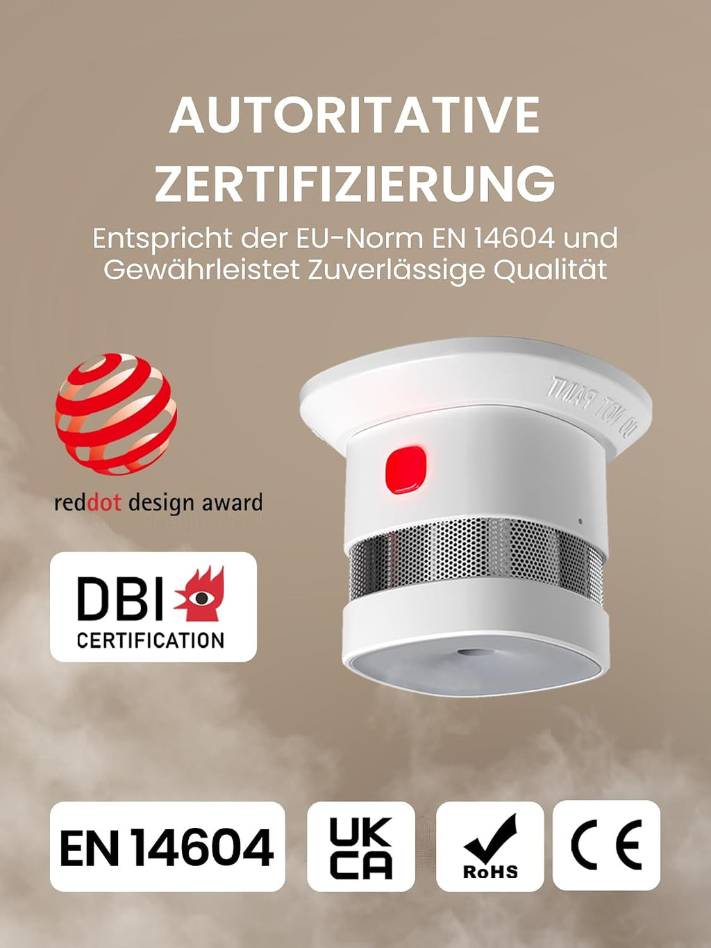 Heiman HS1SA-M Rauchmelder complies with EN 14604 and VdS certified, featuring a loud 85 dB alarm and 10-year battery life.



