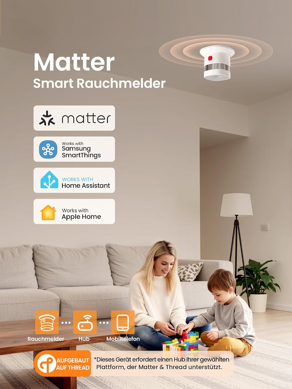 Heiman HS1SA-M Rauchmelder with Matter over Thread connectivity, works with Smart Home platforms and shown with a smartphone app for real-time notifications.


