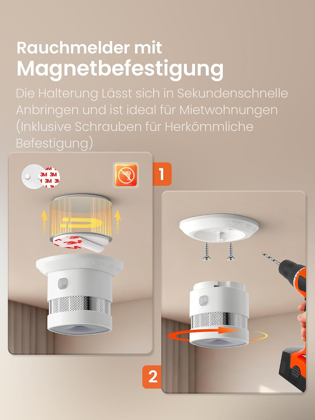 Heiman HS1SA-M Rauchmelder with interconnection and alarm memory function, showing interconnected smoke detectors for whole-home protection.


