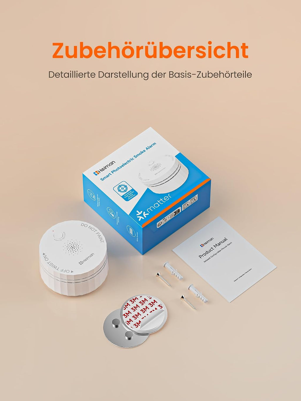 Heiman S1-TM Rauchmelder, Matter-zertifiziert für intelligente Smart-Home-Integration, nahtlose Kommunikation mit kompatiblen Geräten.

