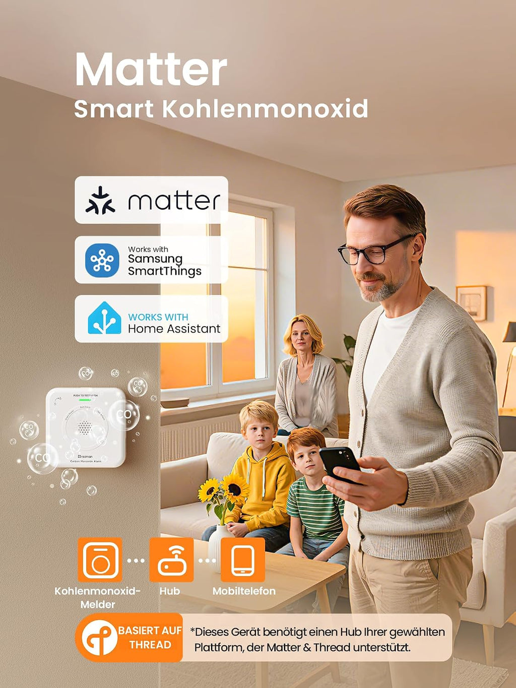 Heiman HS-725ES-M Kohlenmonoxid Melder, smarter CO Alarm mit Matter Over Thread für intelligente Vernetzung, gezeigt mit einem Smartphone und Gateway.


