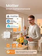 Heiman HS-725ES-M Kohlenmonoxid Melder, smarter CO Alarm mit Matter Over Thread für intelligente Vernetzung, gezeigt mit einem Smartphone und Gateway.


