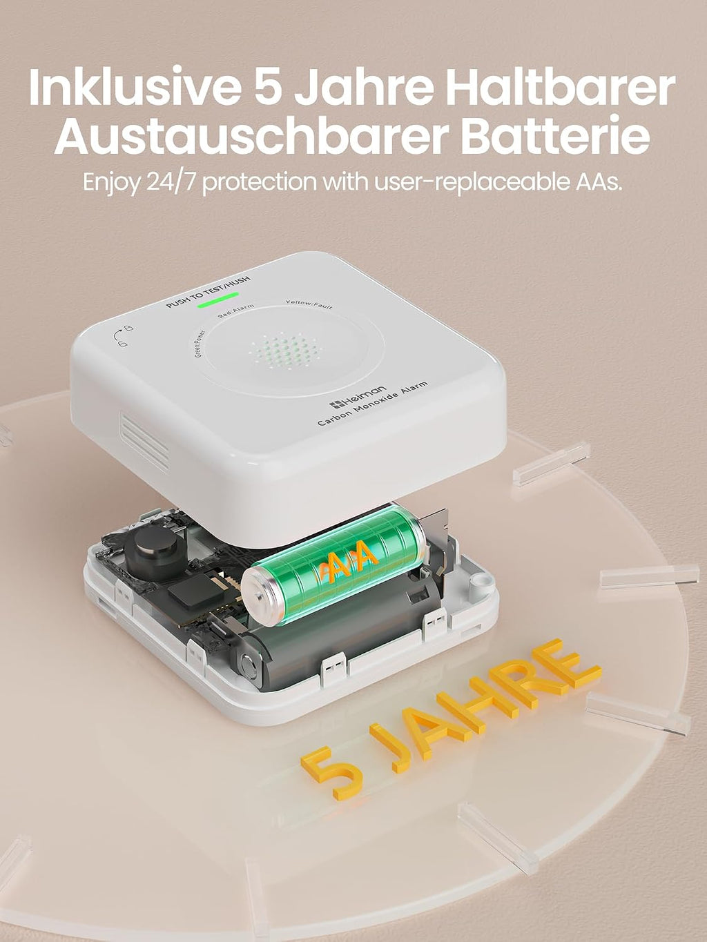 Heiman HS-725ES-M Kohlenmonoxid Melder mit langlebiger 10-Jahre-Batterie, ausgestattet mit einer austauschbaren Lithium-Batterie für sorgenfreien Betrieb.

